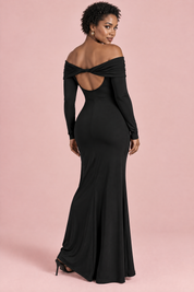 Robe longue noire asymétrique à fronces et drapé | Vue de dos | Lounelle Paris