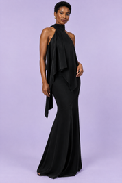 Jupe longue asymétrique noire à imprimé floral en satin mat | Vue de face | Lounelle Paris