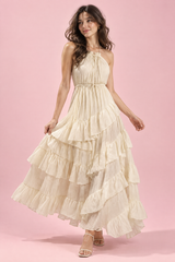Beige Halterneck Maxi Dress with Open Back and Ruffles