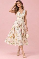 Green Floral Floral Bouquet Print Square-Neck Midi Dress