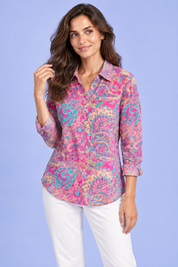 Chemise oversize rose à imprimé cachemire | Vue rapprochée | Lounelle Paris