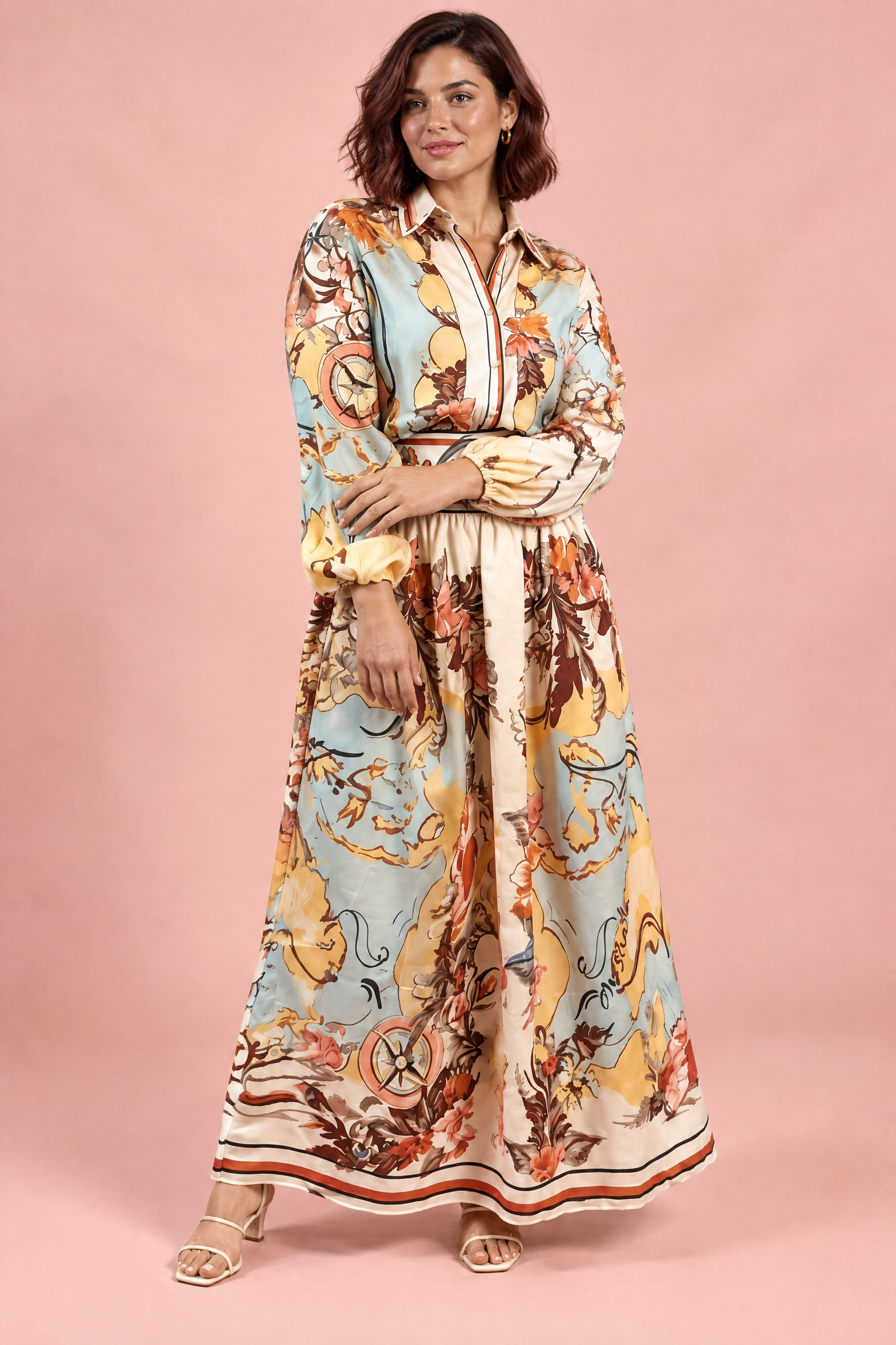 Ensemble chemise et jupe imprimé multicolore | Porté sur une silhouette plus ronde | Lounelle Paris