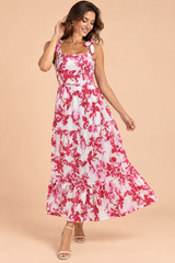 Pink Floral Maxi Dress with Ruffles and Square Neckline