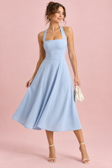 Pale blue midi skater dress with a square neck