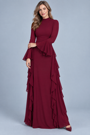 Robe longue bordeaux à volants et manches cloche | Vue de face | Lounelle Paris