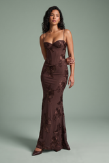 Brown Floral Embroidered Maxi Dress