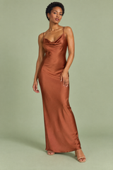 Brown Satin Maxi Dress with Cowl Neck and Spaghetti Straps