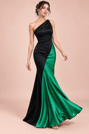 Robe longue noire et verte à une épaule | Vue en mouvement | Lounelle Paris
