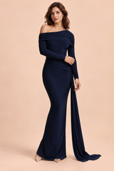 Blue One-Shoulder Asymmetric Maxi Dress with Draped Detail