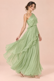 Robe verte asymétrique à volants | Vue de dos | Lounelle Paris