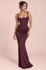 Magenta Ruched Square-Neck Maxi Dress
