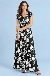 Robe longue noire à fleurs et taille smockée | Vue de face | Lounelle Paris