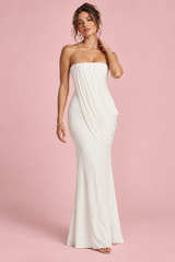 White strapless maxi dress with ruffles