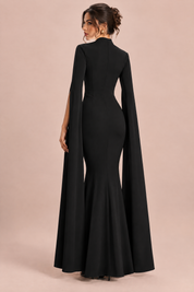 Robe longue noire à encolure carrée et manches cape | Vue de dos | Lounelle Paris