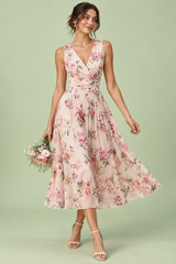 Pink Floral Floral Bouquet Print Square-Neck Midi Dress