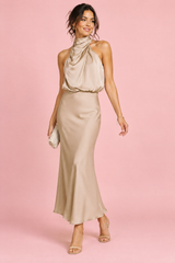 A-Line Beige Scarf-Neck Midi Dress