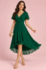 Dark Green Flutter Sleeve High-Low Dress