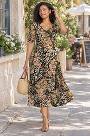 Robe longue noire à col V | Photo lifestyle | Lounelle Paris