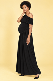 Robe longue de grossesse noire à encolure asymétrique et taille basse | Vue de dos | Lounelle Paris