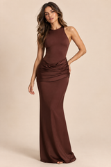 Burgundy maxi dress with ruching and satin skirt