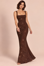 Robe longue à sequins marron | Vue en mouvement | Lounelle Paris
