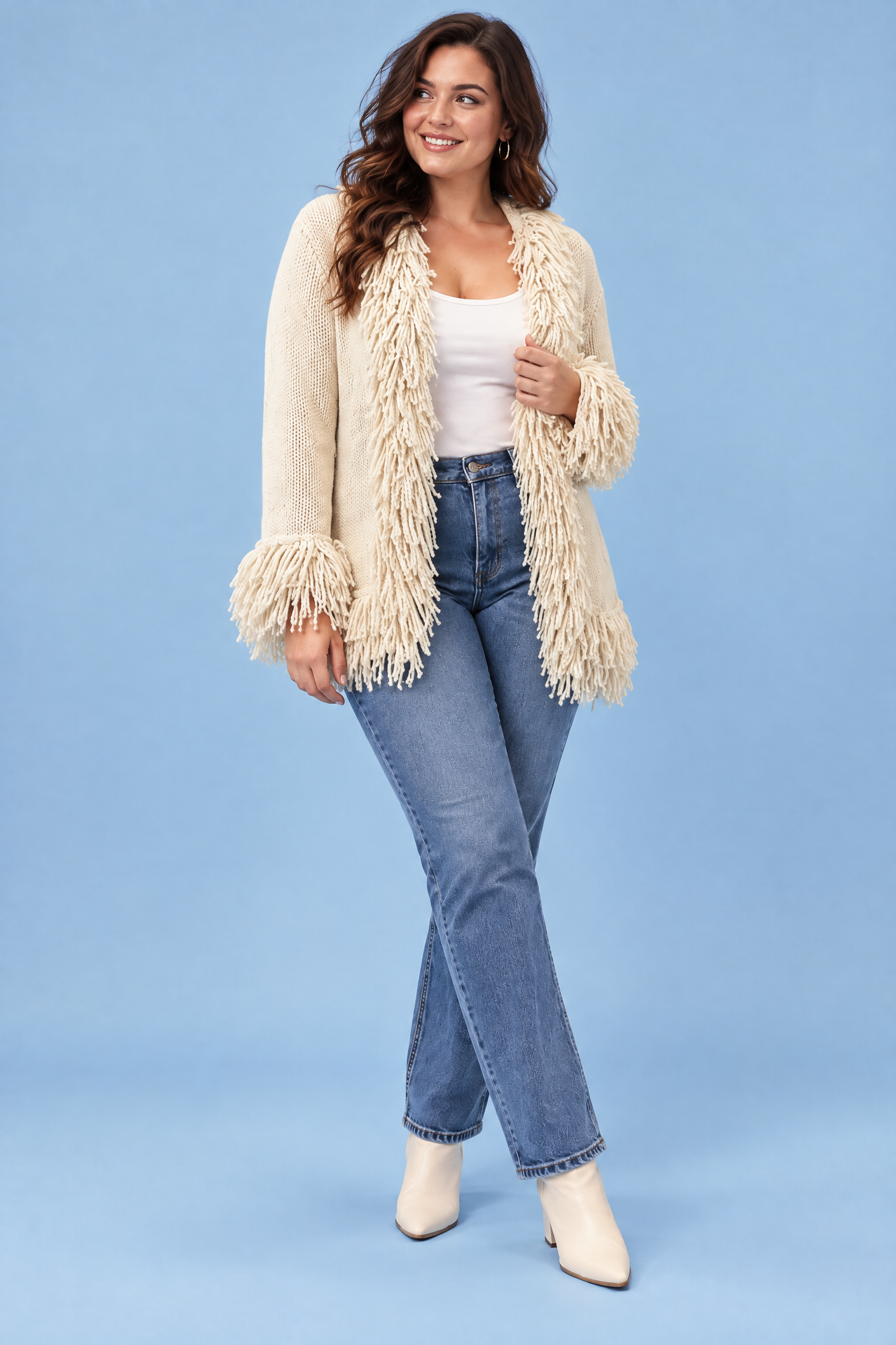 Gilet crème à franges | Porté sur une autre silhouette | Lounelle Paris