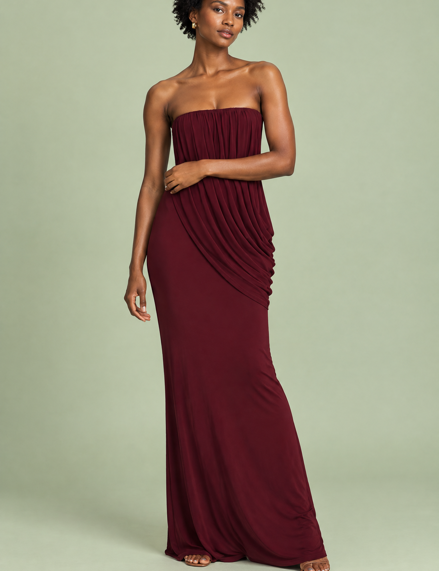 Robe longue bordeaux à col montant et détails volantés | Vue de face | Lounelle Paris