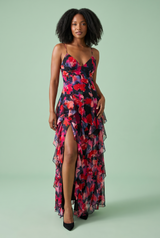Black Lily Print Asymmetric Cape Sleeve Maxi Dress