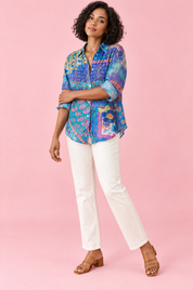 Chemise longue fleurie bleue à col | Vue de dos | Lounelle Paris