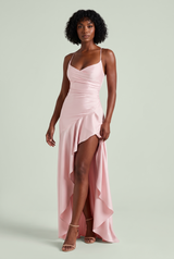 Pink satin maxi dress with lace-up back and asymmetric ruffle skirt