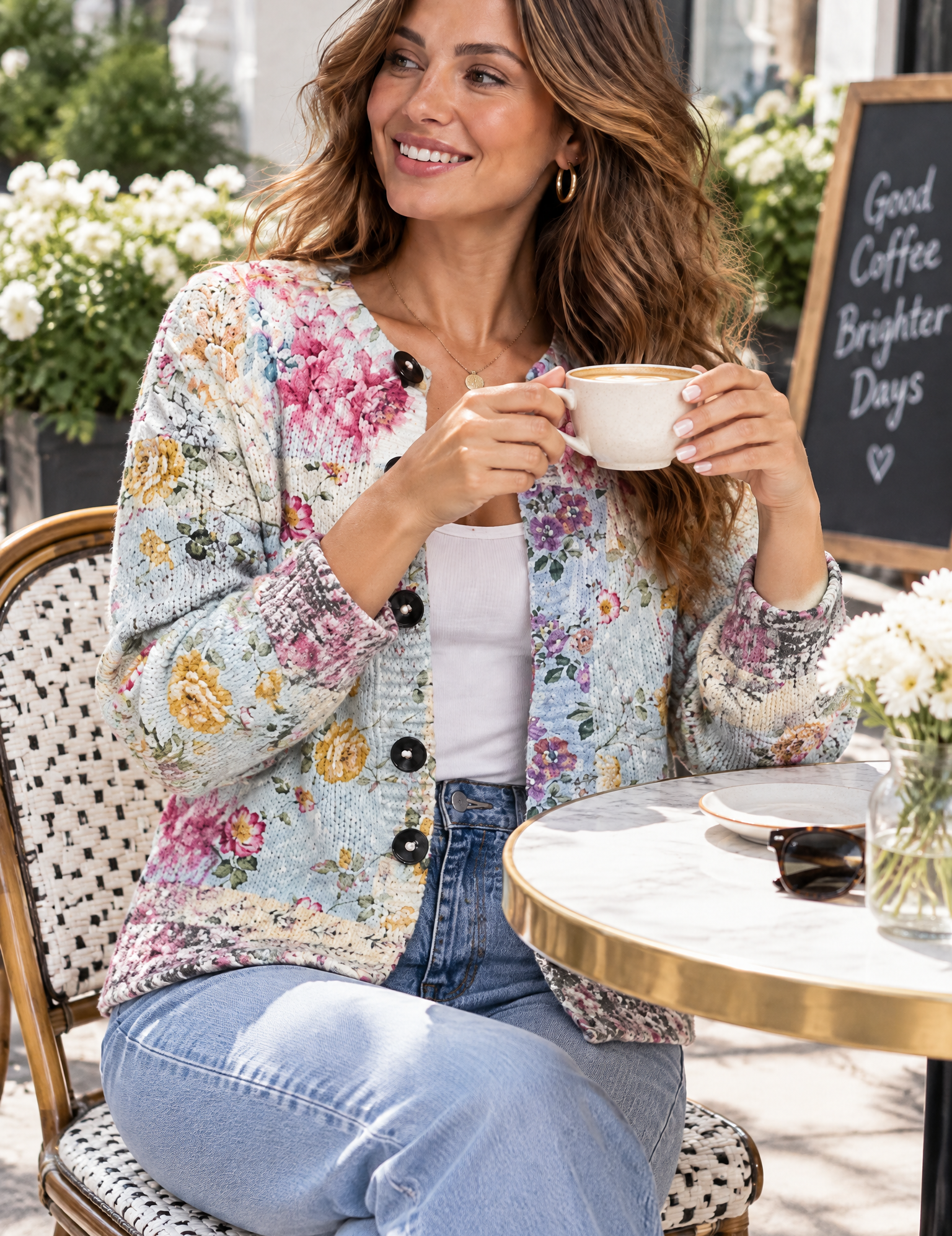 Cardigan fleuri boutonné bleu | Photo lifestyle | Lounelle Paris