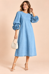 Rosette Sleeve Light Blue Midi Dress