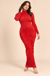 Robe longue rouge froncée à manches longues | Porté sur une autre silhouette | Lounelle Paris