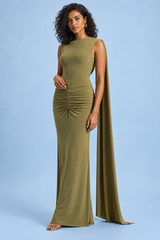 Green Figure-Hugging Maxi Dress with Boat Neck, Cape Sleeves and Open Back
