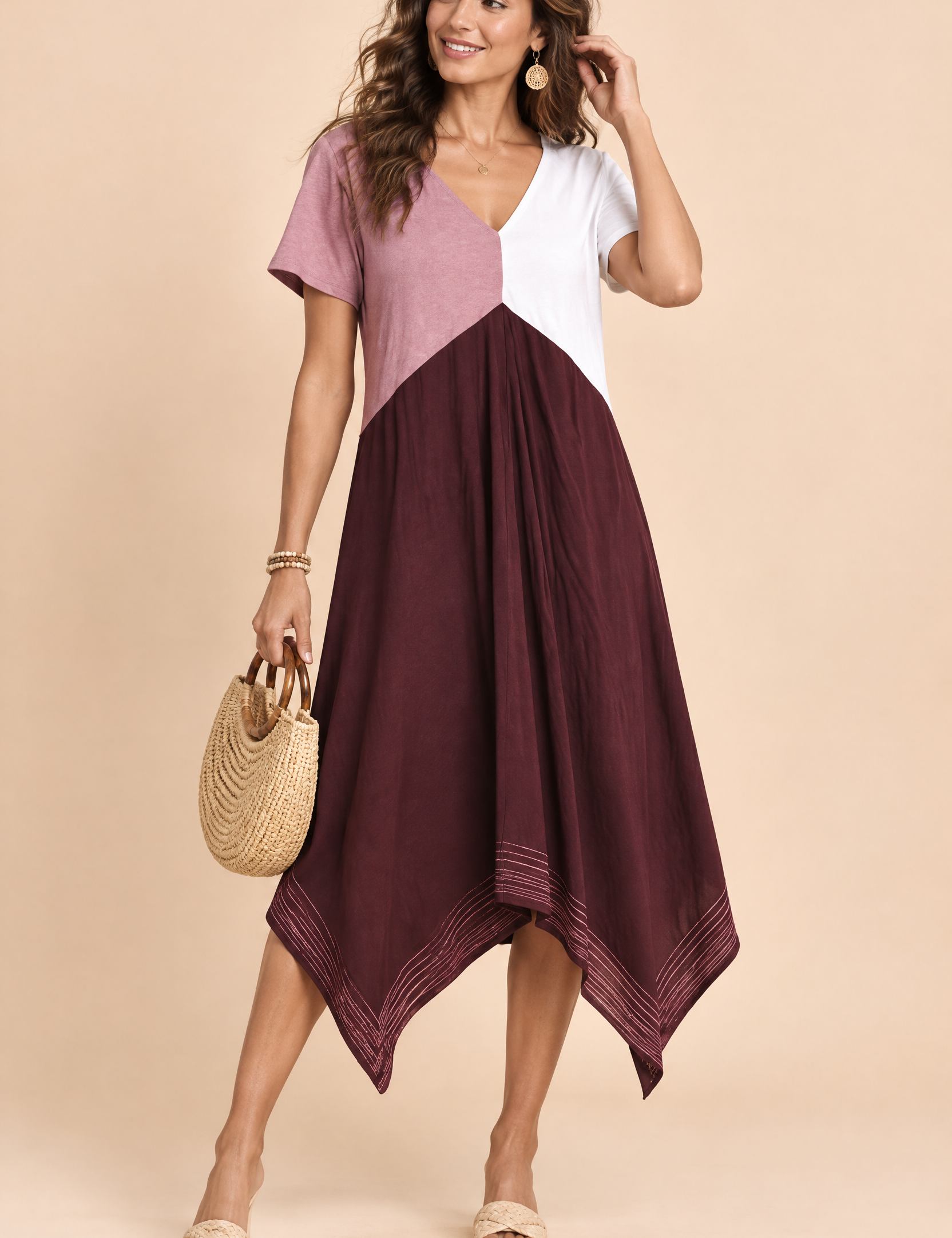 Robe midi bordeaux asymétrique à col V | Vue de face | Lounelle Paris