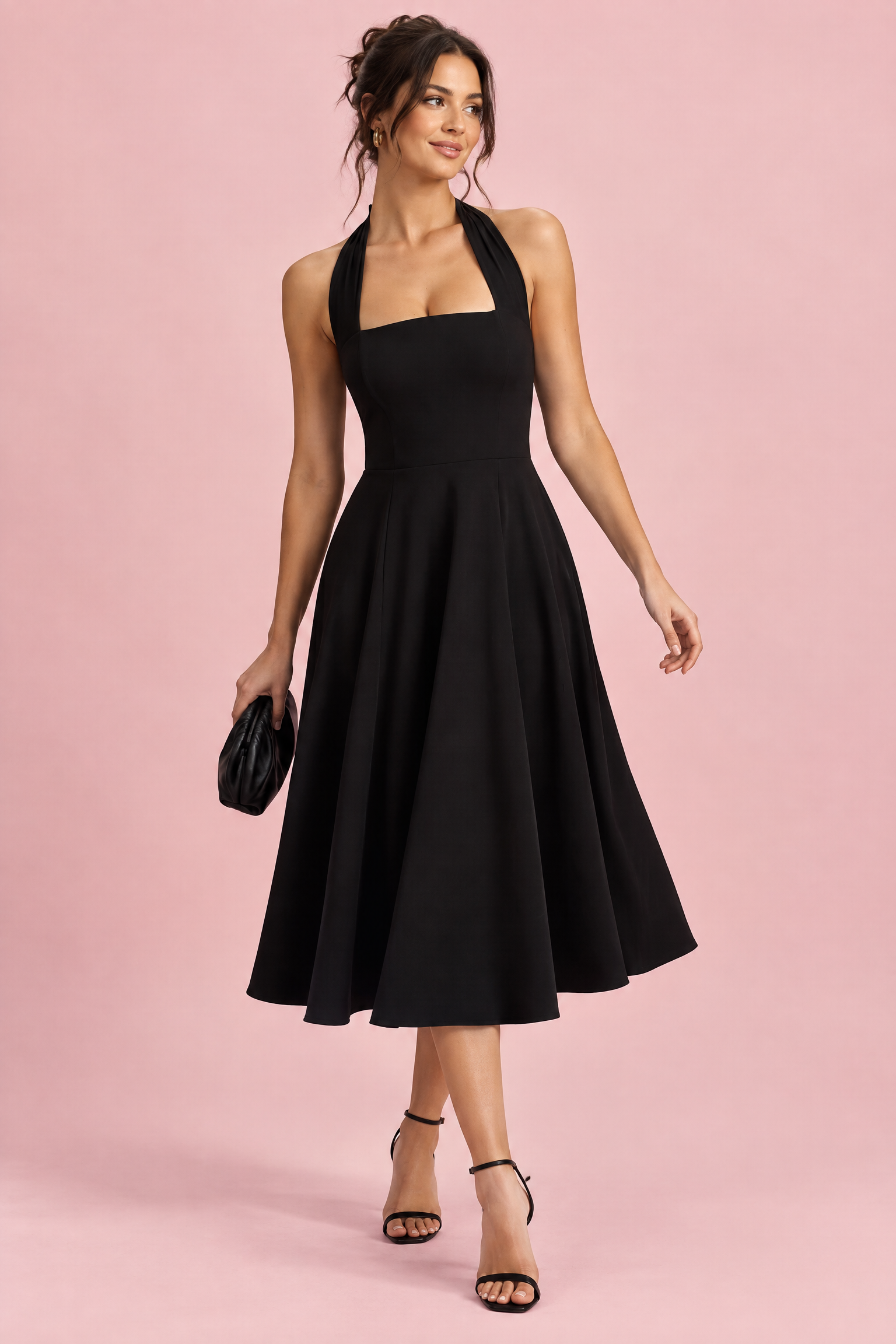 Robe midi patineuse noire à col américain | Vue de face | Lounelle Paris