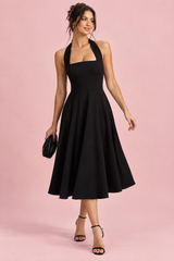 Black midi skater dress with a square neck