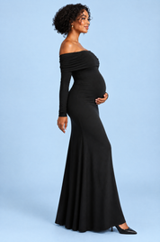Robe longue de grossesse noire en résille froncée à col Bardot | Vue de dos | Lounelle Paris