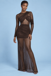 Robe longue moulante marron à fronces | Vue de face | Lounelle Paris