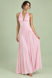 Robe longue rose poudré à décolleté plongeant et fronces | Vue de face | Lounelle Paris