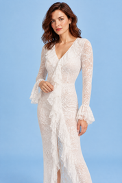 Robe longue blanche à volants | Vue rapprochée | Lounelle Paris