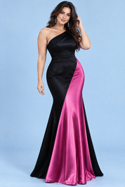 Robe longue noire et rose magenta à une épaule | Porté sur une autre silhouette | Lounelle Paris