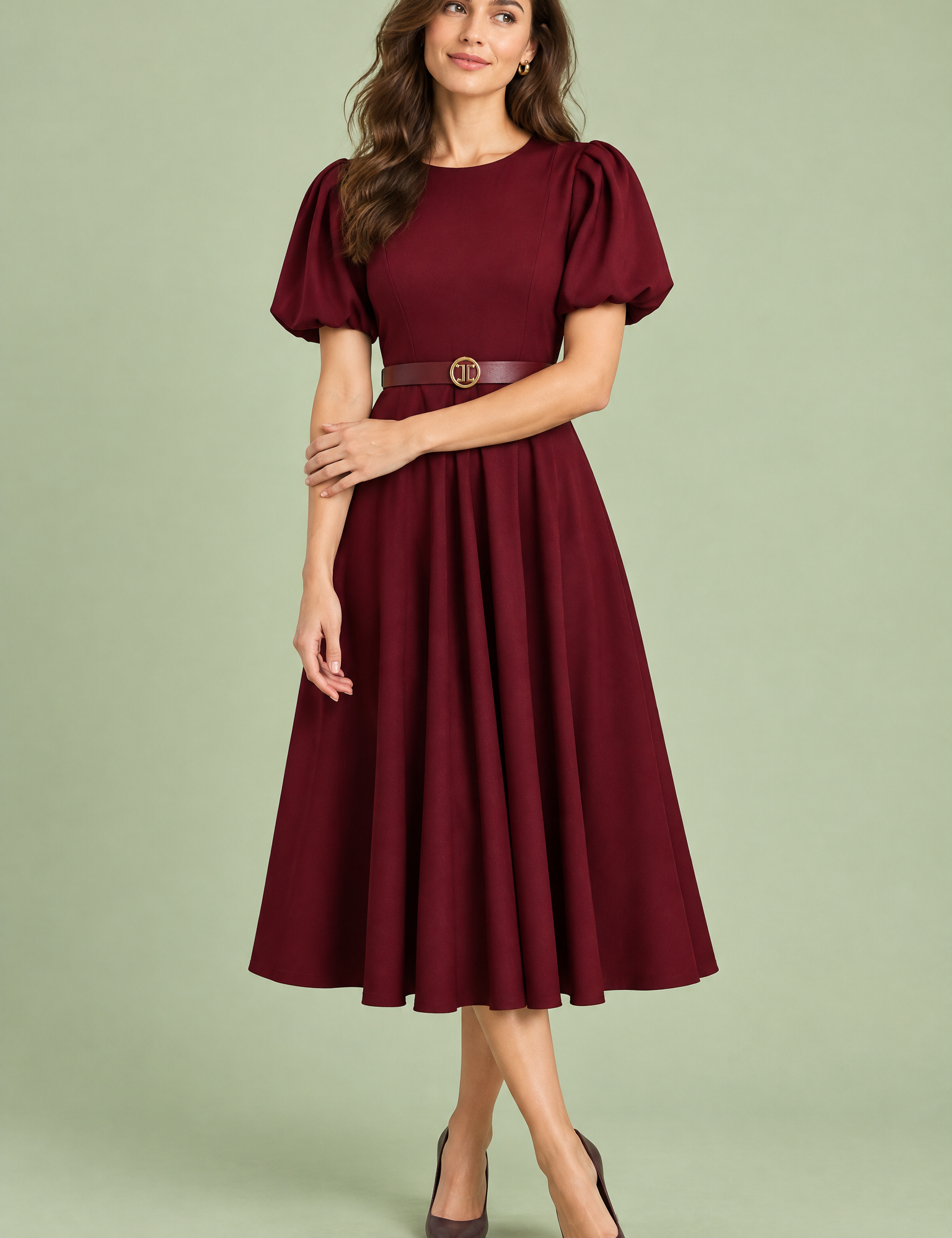 Robe midi bordeaux à col montant et manches bouffantes | Vue de face | Lounelle Paris