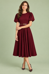 Burgundy High Neck Midi Dress With Puff Sleeves