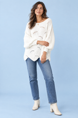 White Openwork Oversized Boat-Neck Sweater