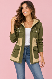 Veste à capuche olive à empiècements | Vue de face | Lounelle Paris