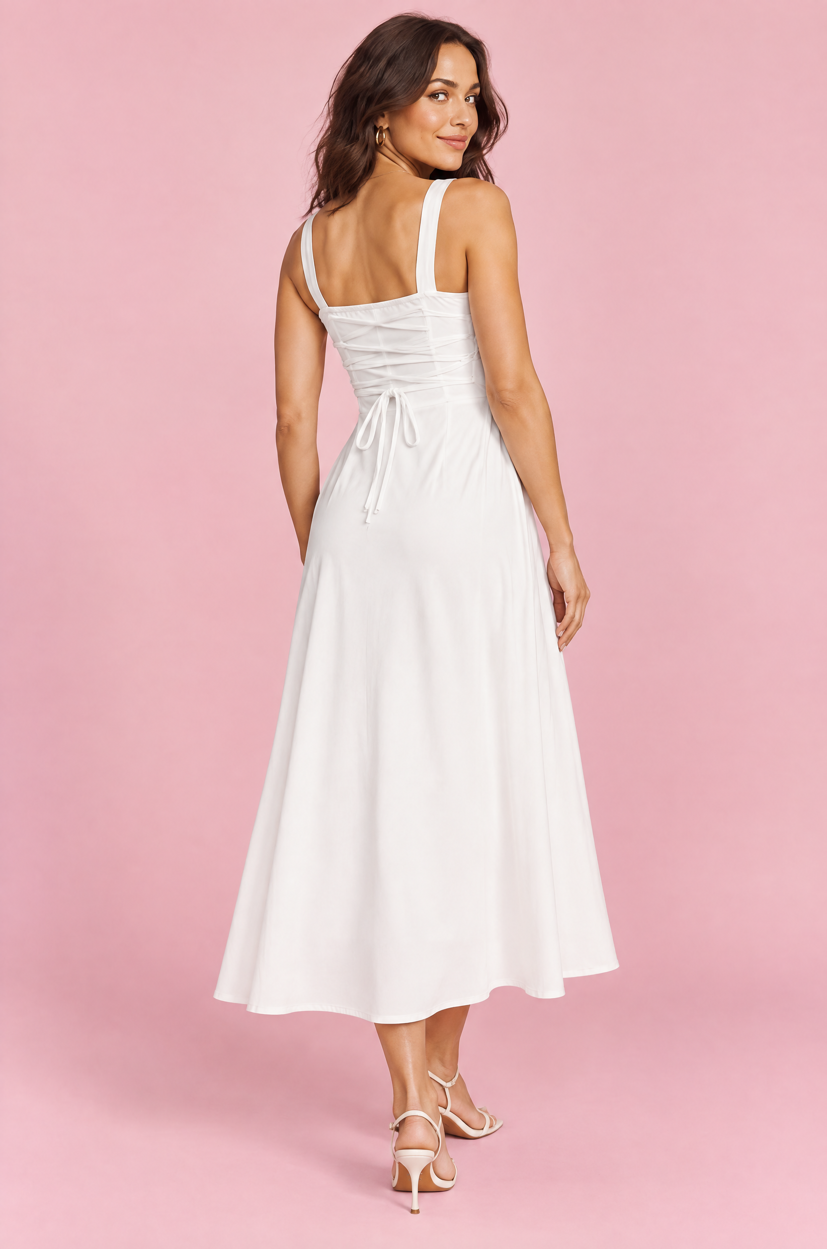 Robe midi blanche à fines bretelles et jupe ample | Vue de dos | Lounelle Paris