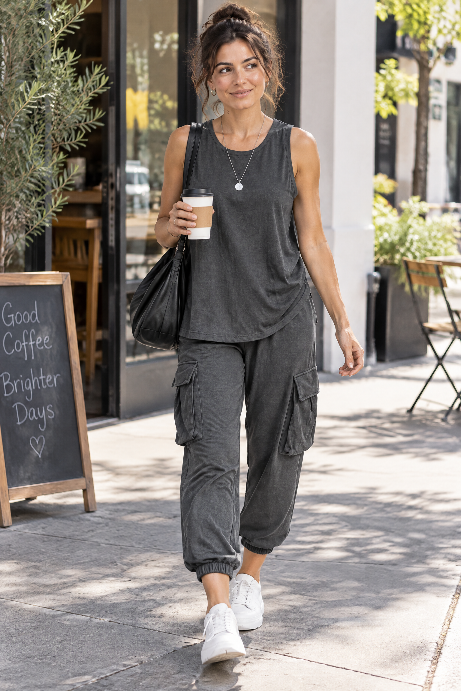 Ensemble deux pièces fluide avec débardeur et pantalon – gris foncé | Photo lifestyle | Lounelle Paris