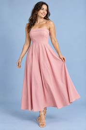 Robe midi évasée bustier — rose clair | Porté sur une autre silhouette | Lounelle Paris