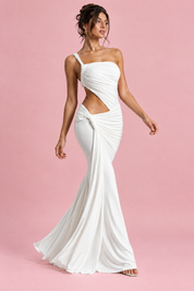 Robe asymétrique blanche à découpe | Vue en mouvement | Lounelle Paris